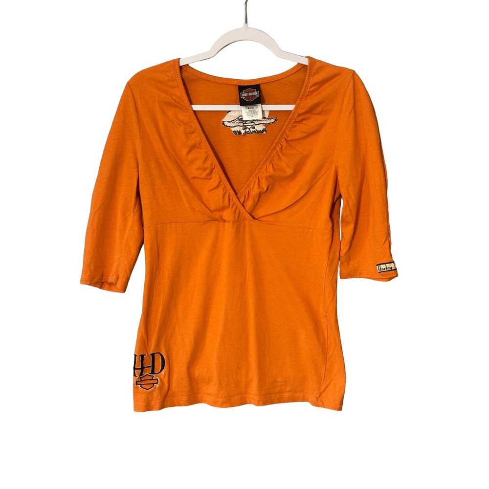 Harley-Davidson Womens Large Orange Ruffle V-Neck 3/4 Sleeve Cotton Top